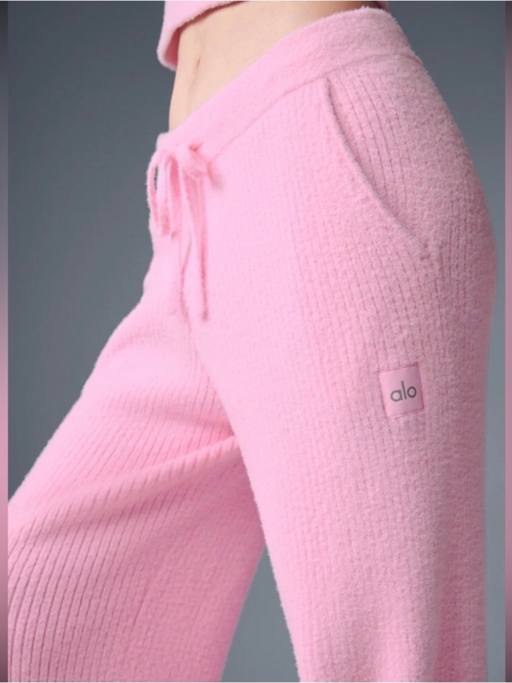 ALO Yoga Snuggle Up Pastel Pink Wide-Leg Ribbed Knit Pants